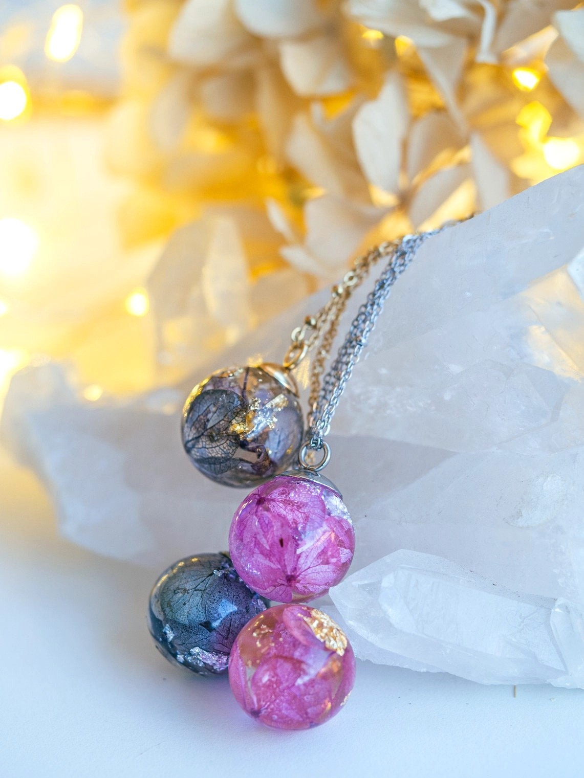 **Dried Hydrangea Resin Orb Necklace Whimsical Fairy Pressed Flower Pendant**