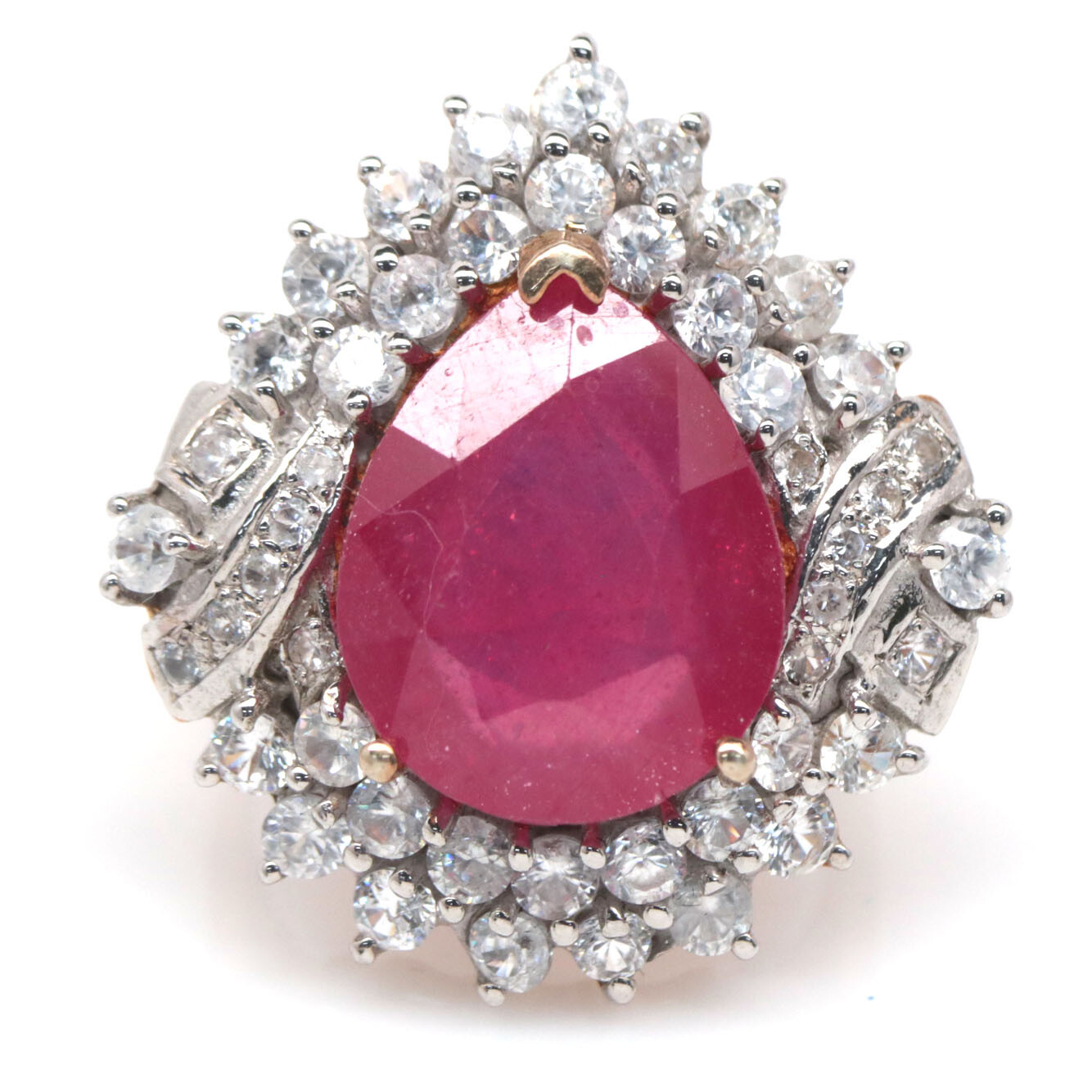 925 Sterling Silver 12 x 15 mm. Red Ruby & White Zircon Statement Ring Size 6.75