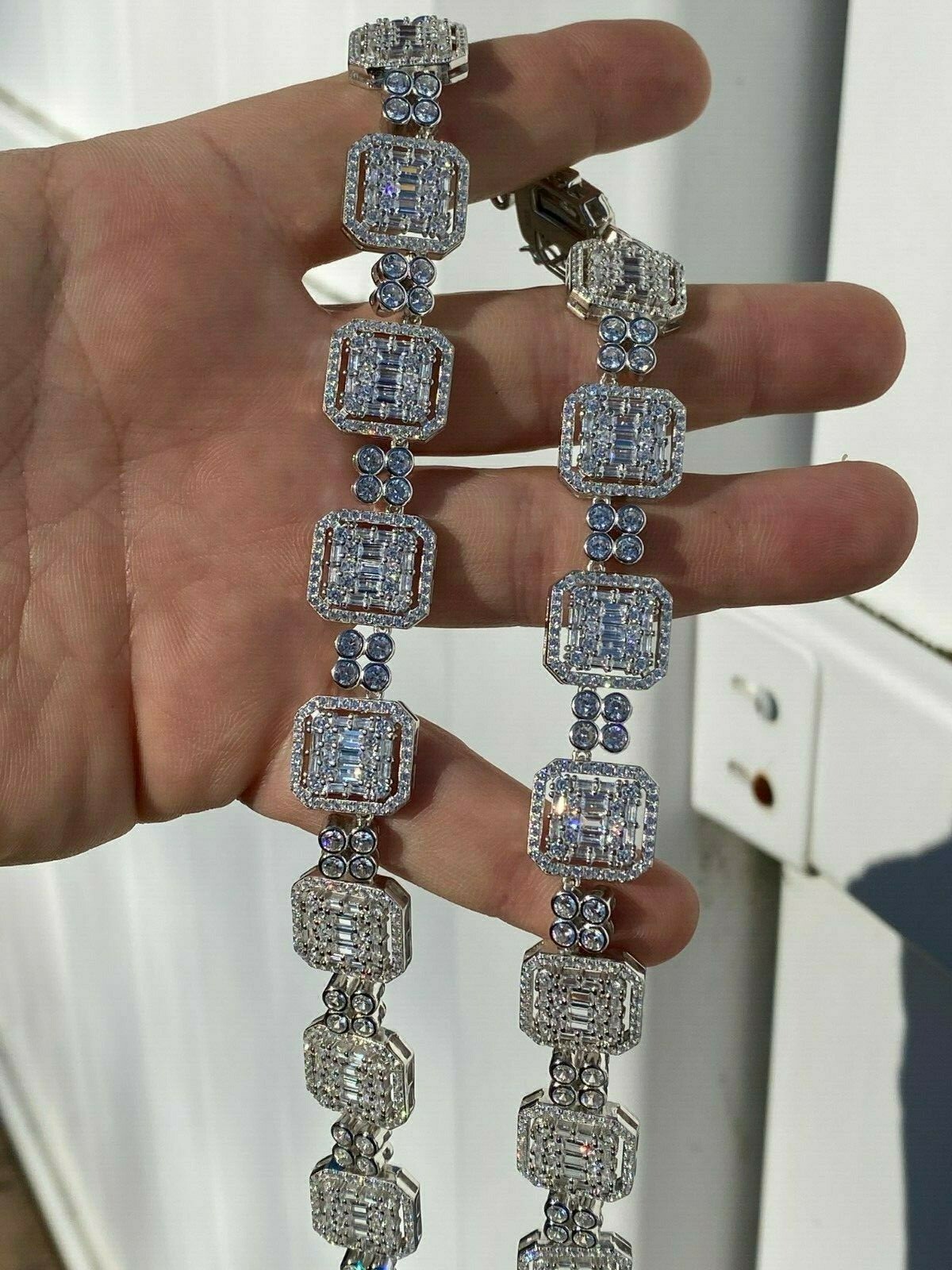 925 Sterling Silver Baguette Link Chain Iced 16mm Men’s CZ Necklace Choker
