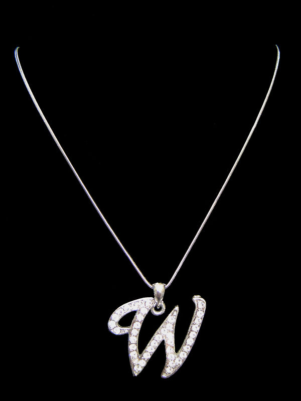 “W” LETTER INITIAL ALPHABET PENDANT CHARM NECKLACE CLEAR CRYSTALS SILVER TONE