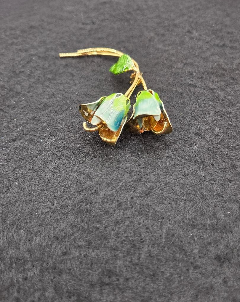 Vintage Enamel Blue & Green Gold Two Flower Buds And Leaf Brooch Pin 3″L