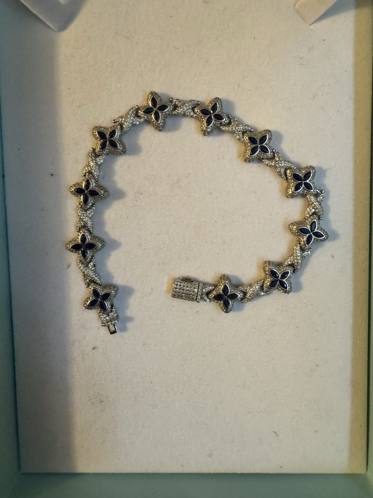 925 Sterling Silver Blue Flower Link Bracelet Box Clasp Signed Stackable