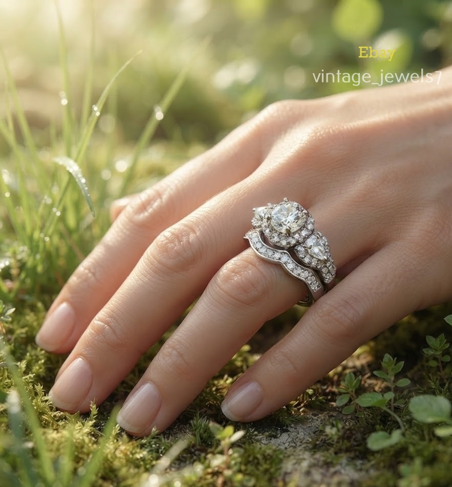 3.75CT Round Cut Lab Created Diamond Halo 3 Stone Wedding Ring Set 14K Gold Over