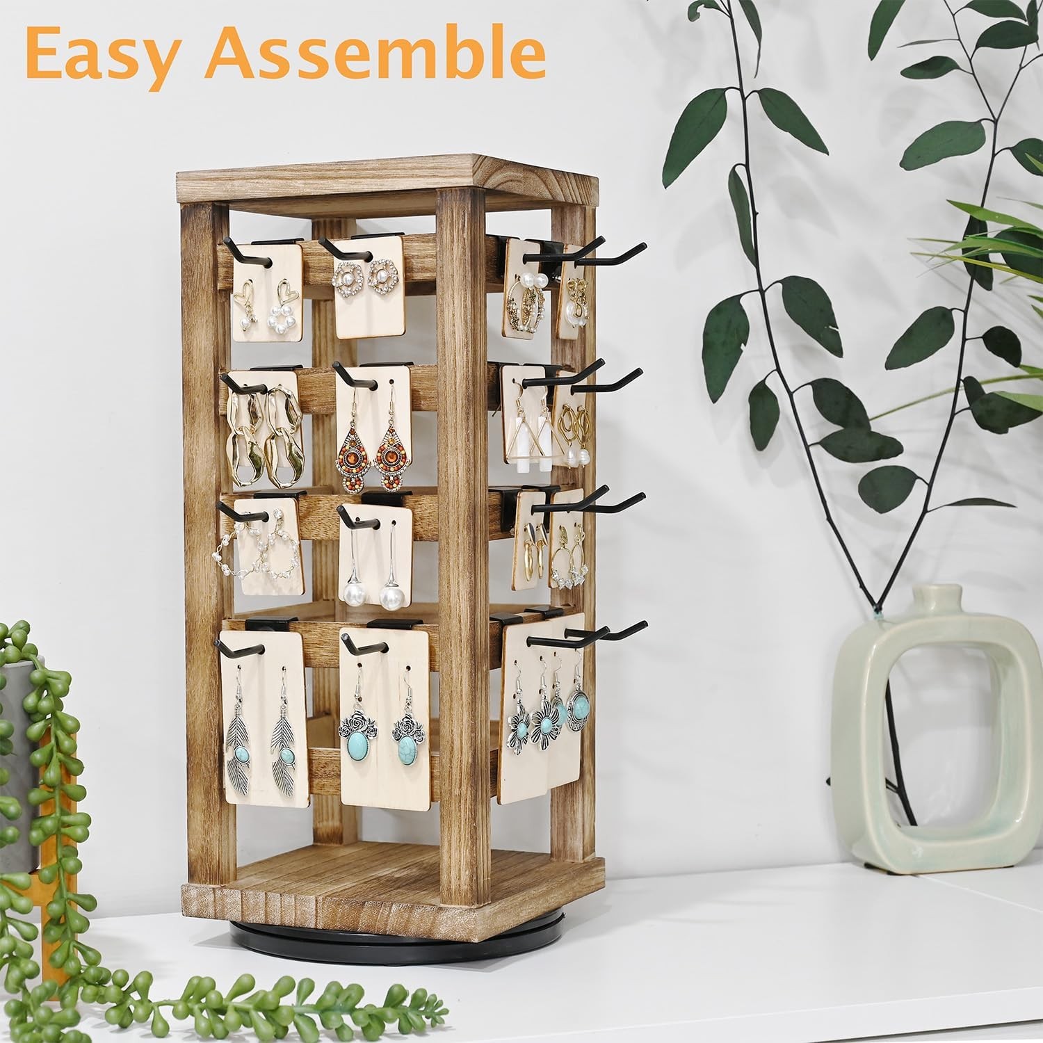 Wood Rotating Jewelry Display Removable 42 Hooks Earring Organizer Stand Oak