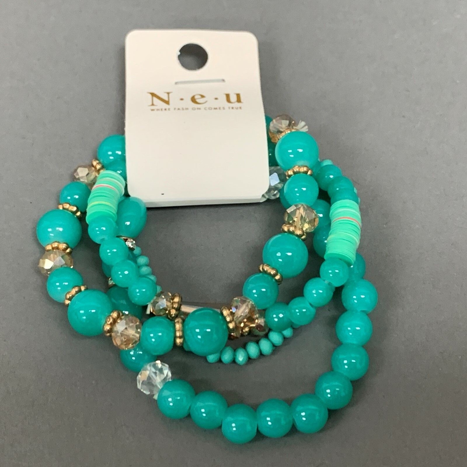 Neu Blue Green Gold-tone Beaded Stretch Bracelet Lot of 4 NWT