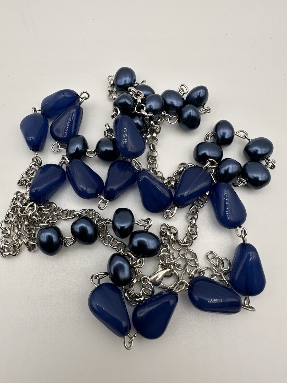 Statement Necklace Blue Beads Silver Tone Layered Cable Chain 36+ in