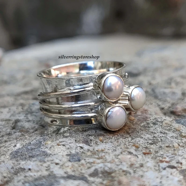 Pearl Spinner Ring, 925 Sterling Silver Ring, Handmade Ring, Women Ring,All Size