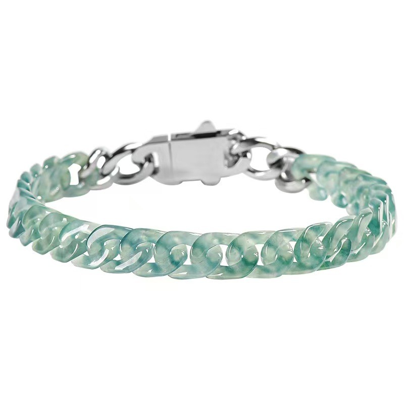 Real Grade A Natural Blue Jade Jadeite Bracelet Cuban Curb Link Chain 5.9-8.3in