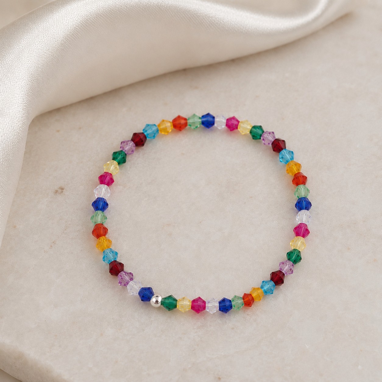 Summer Rainbow Crystal Stretch Beaded Bracelet Sterling Silver Bead Gift for Her