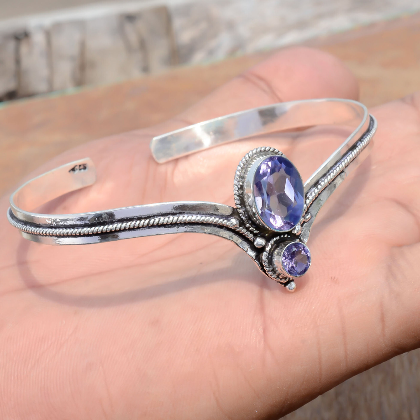 Faceted Amethyst Gemstone 925 Sterling Silver Bangle Cuff Surprise Gift Jewelry