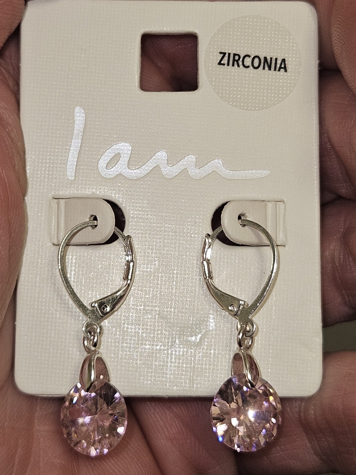 I AM PINK CUBIC ZIRCONIA SILVER TONE CRYSTAL DANGLE EARRINGS LEVERBACK