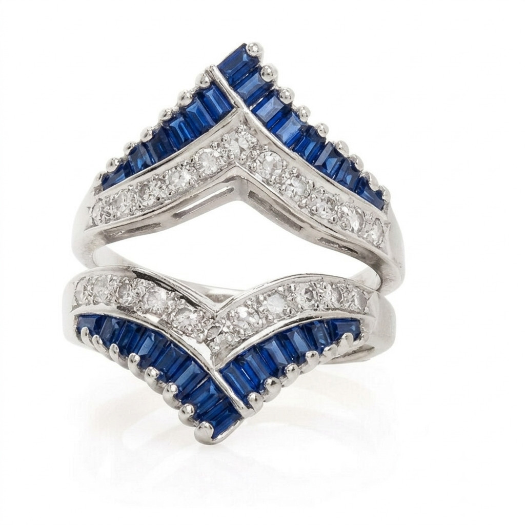 2Ct White Round Blue Baguette CZ Wedding Wrap Enhancer Band 925 Sterling Silver