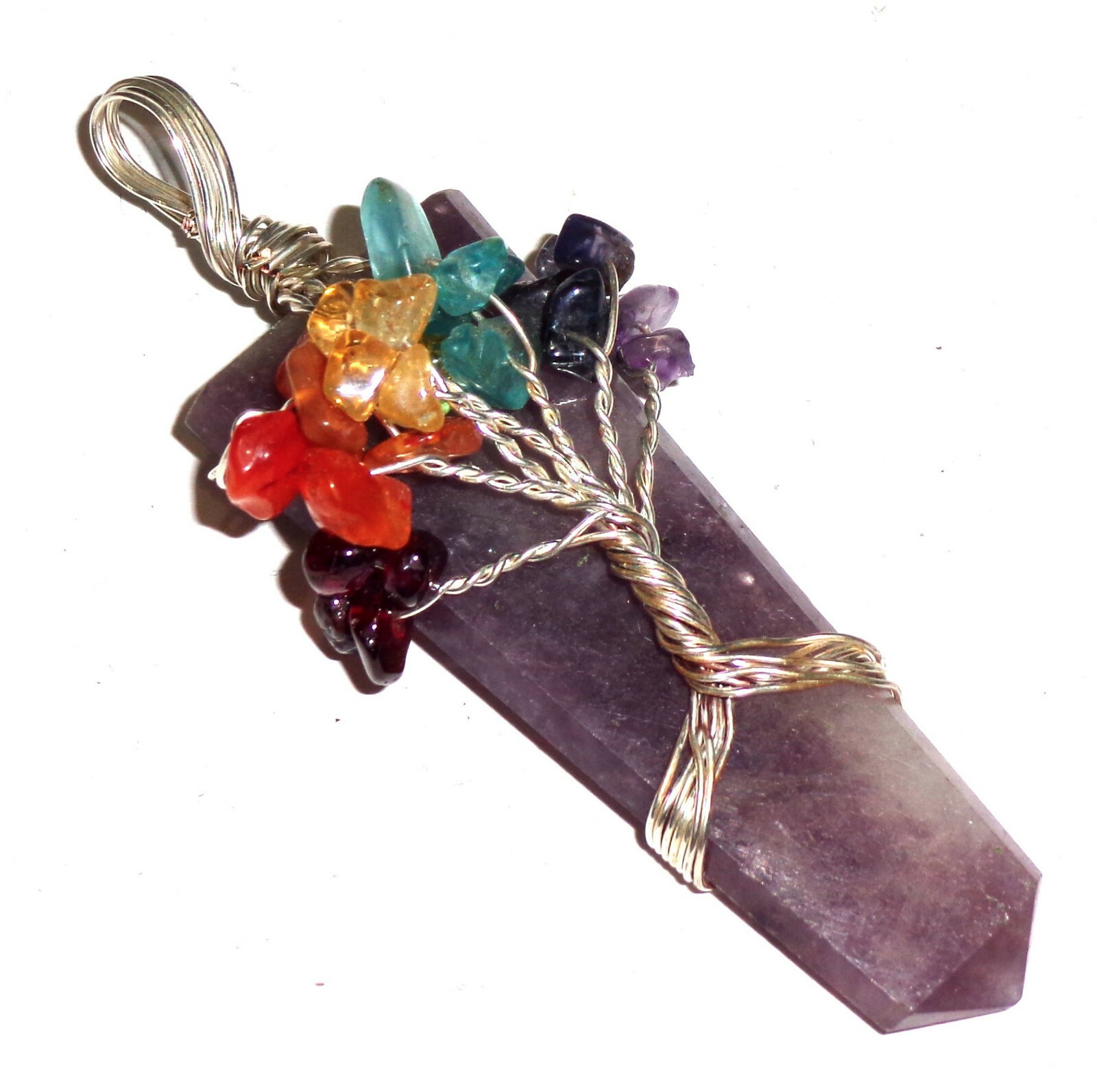 Wire Wrap Pendant Amethyst Crystal Pendant Tree Life 7 Chakra Gemstone Necklace