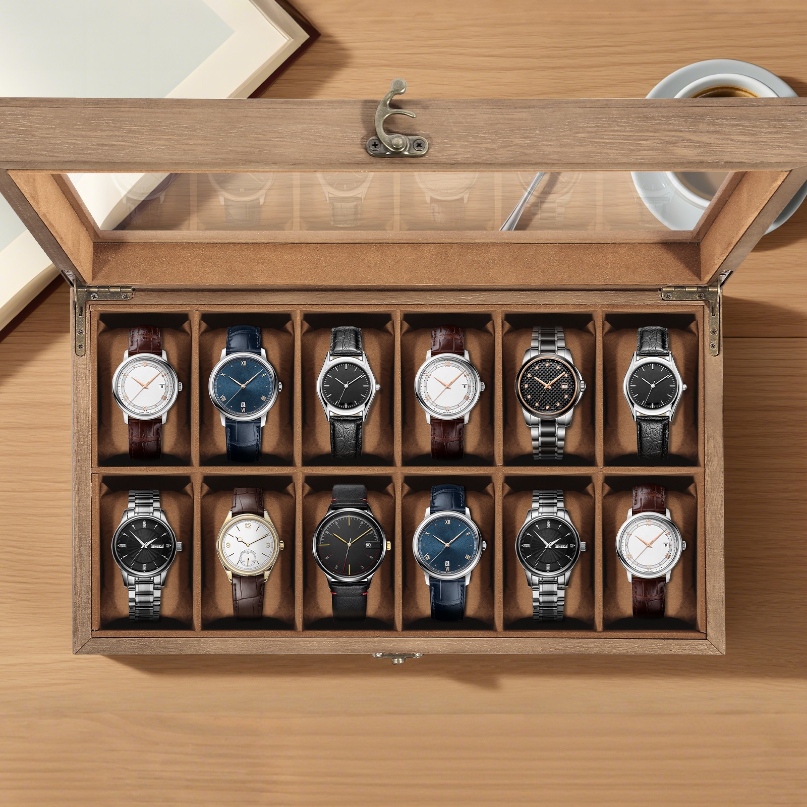 12 Slots Watch Box Solid Wood Organizer Watch Case Jewelry Storage Display Case