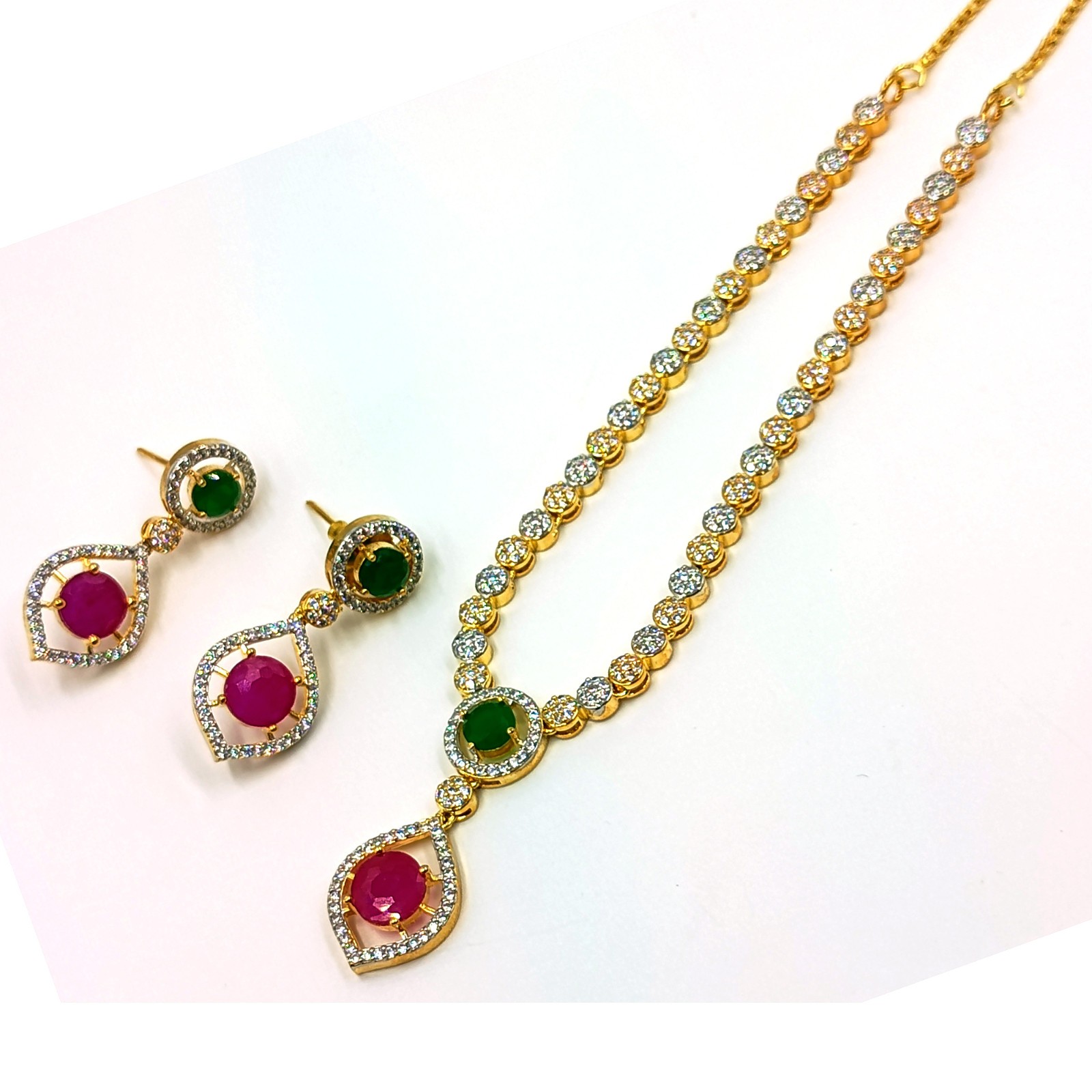Round Stone Ruby Emerald Necklace Set 22k Gold Plated South Indian Jewelry