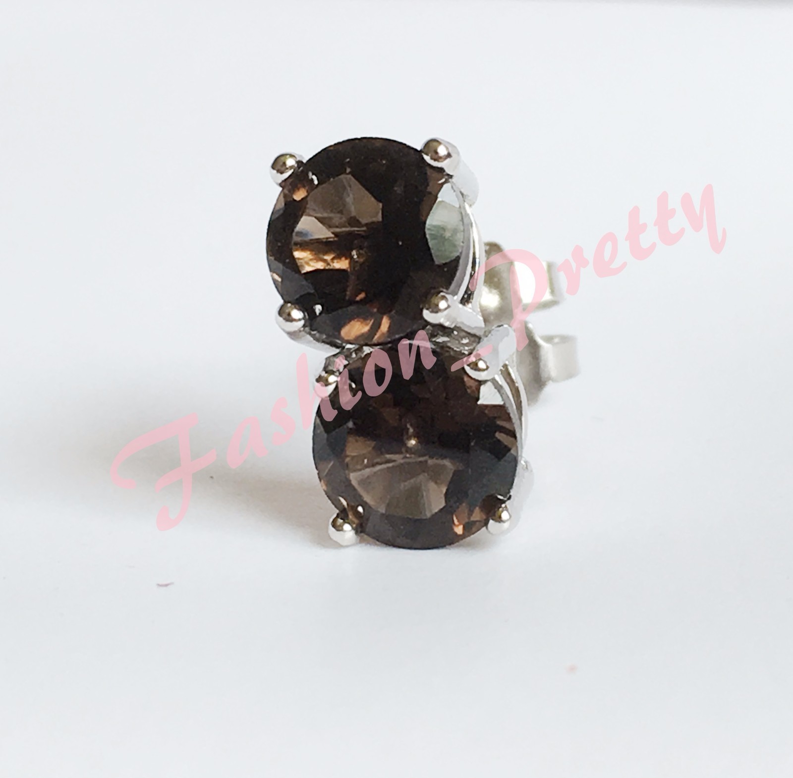 Pretty 2ct-Smoky Quartz -Round-Gemstone-Stud Earrings-In-925-Sterling-Sliver-FS