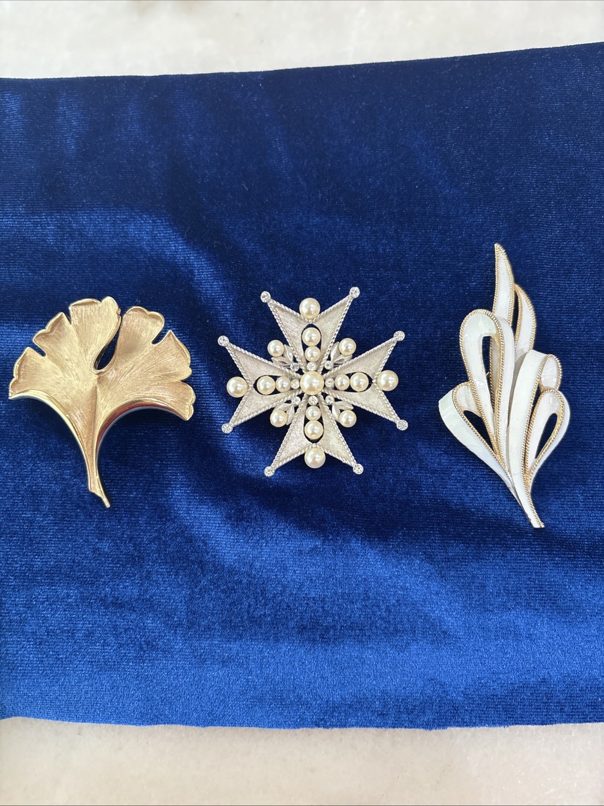 Vintage Crown Trifari Brooch Lot Of 3. All Signed. All Plated. 1 Maltese Cross