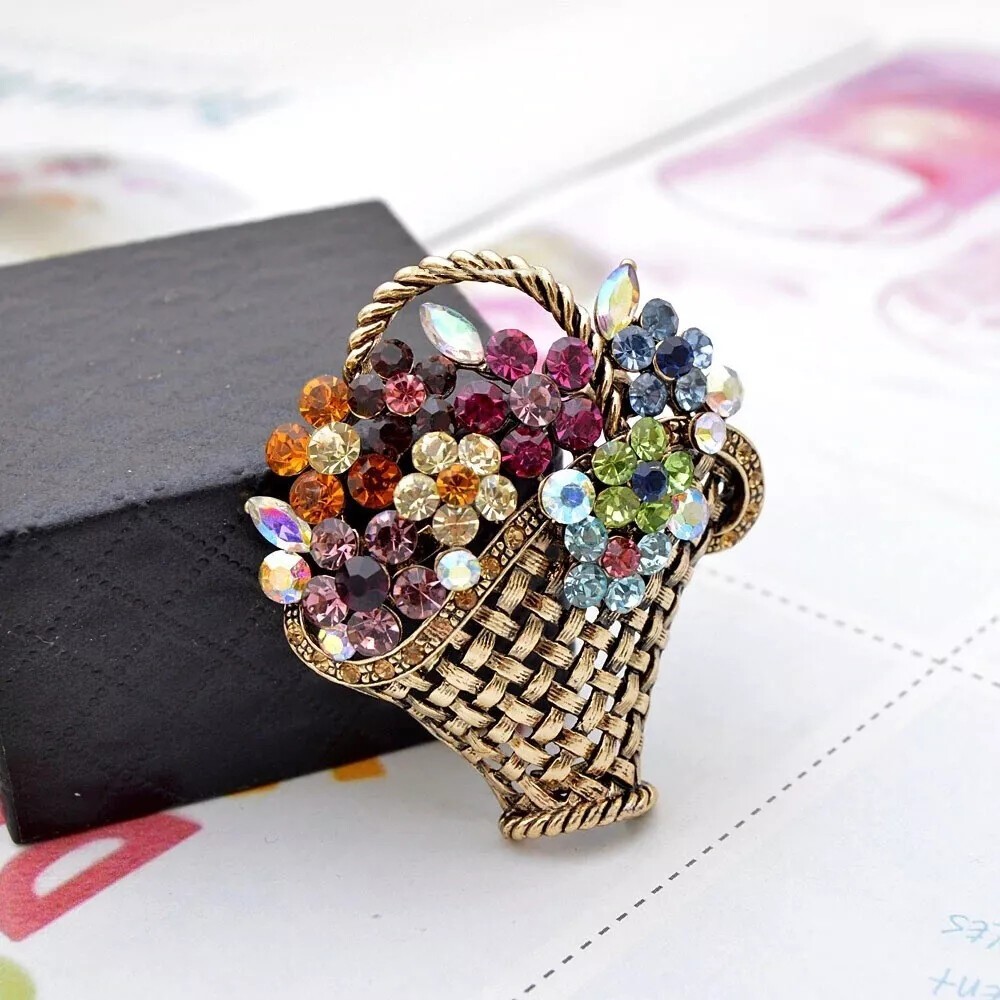 Flower Basket Bouquet Brooch Pin with Rhinestones Gold Tone Metal Vintage Style