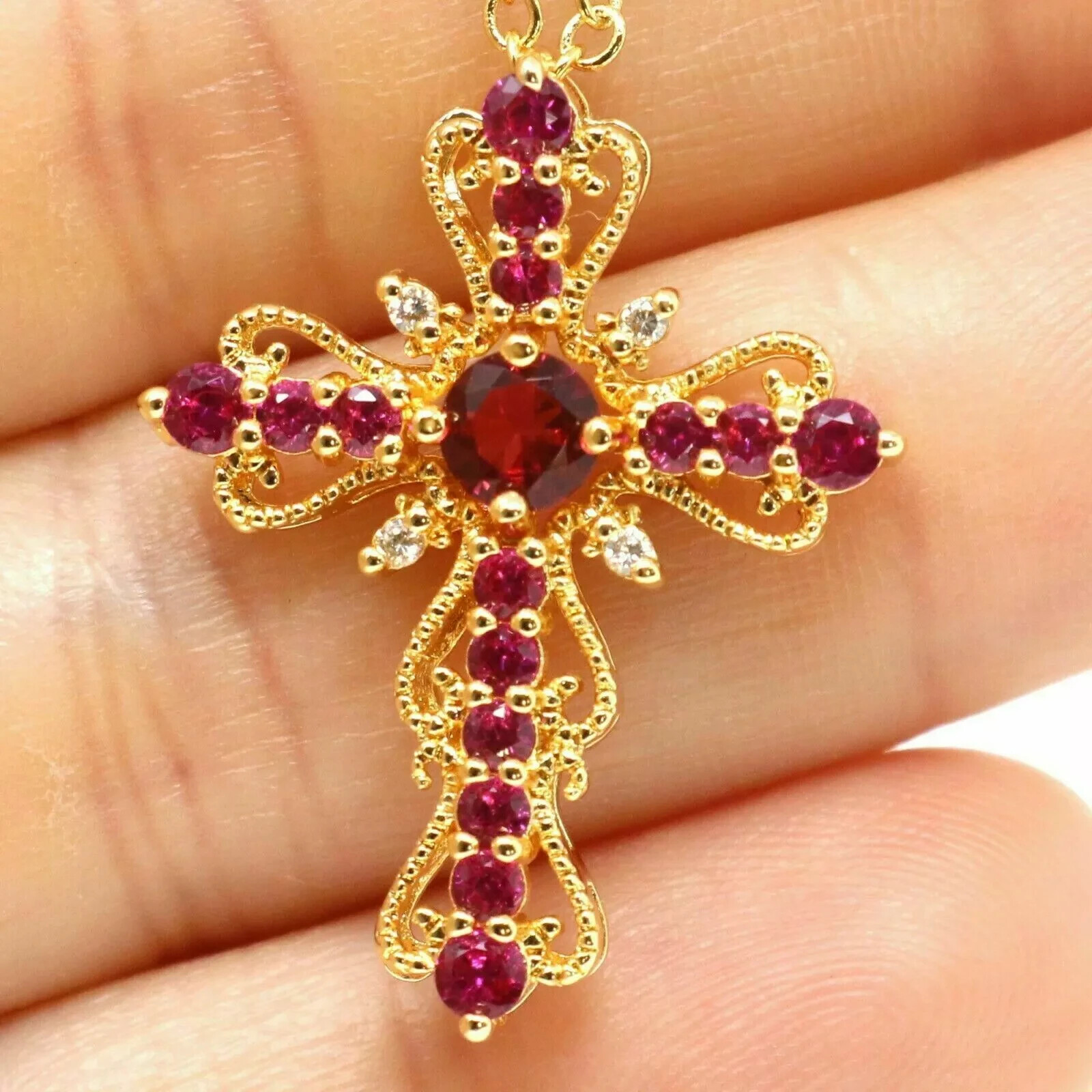 3Ct Round Cut Red Ruby Diamond Cross Pendant 14K Yellow Gold Over