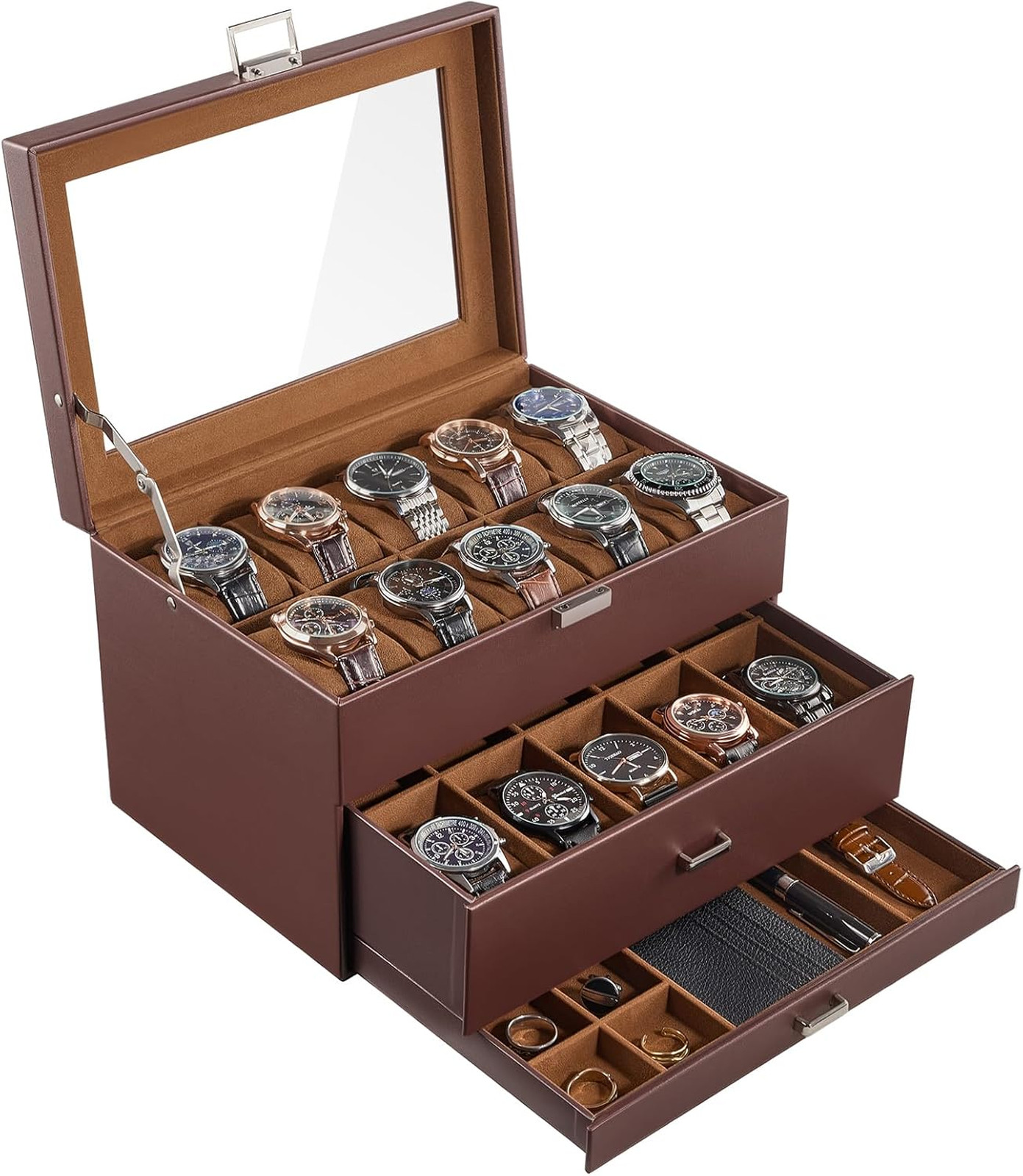 3 Layer Watch Storage Box with Glass Lid for Men 20 Slot Brown PU Velvet