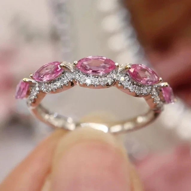 Marquise Simulated Pink Sapphire Engagement Band Ring In 14k White Gold Plated