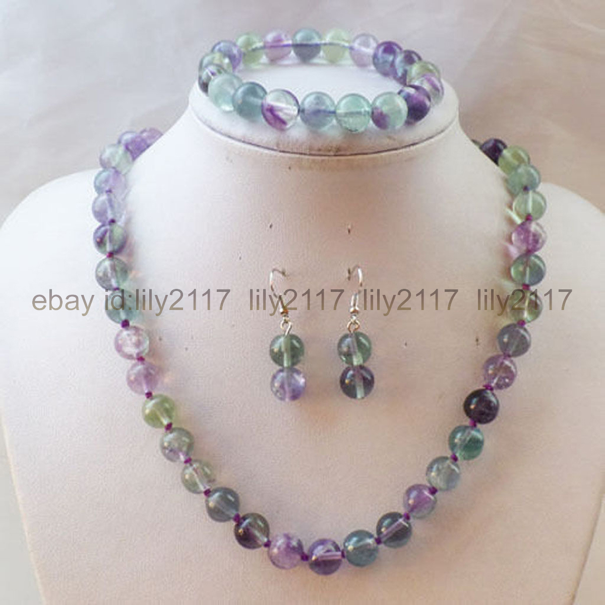 8mm Multi-color Fluorite Round Beads Gemstone Necklace Bracelet Earrings Set