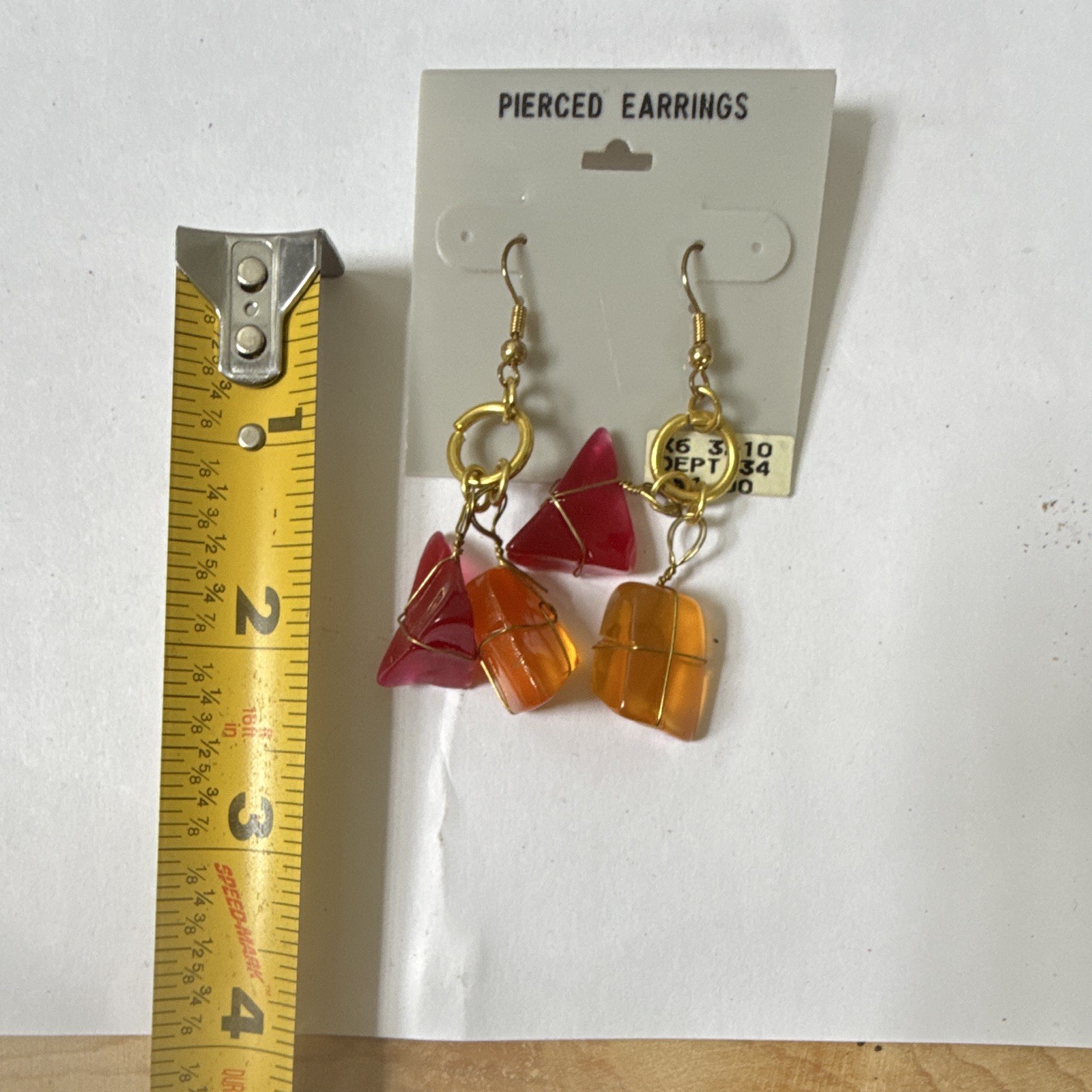 Pierced Gold Tone Wire Wrapped Dangle Earrings Red Orange Glass Bead Drops