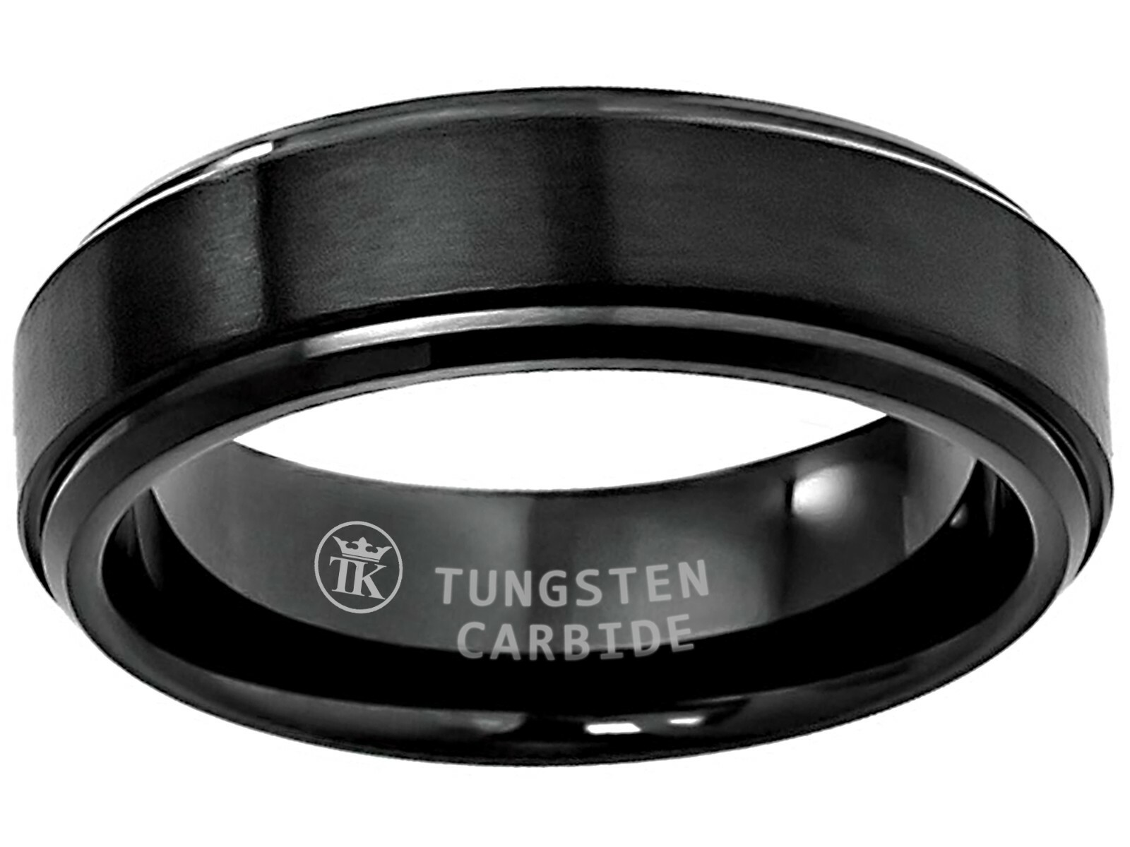 Black Ion-plated Brushed Center Tungsten Wedding Ring Stepped Edge Unisex 6mm