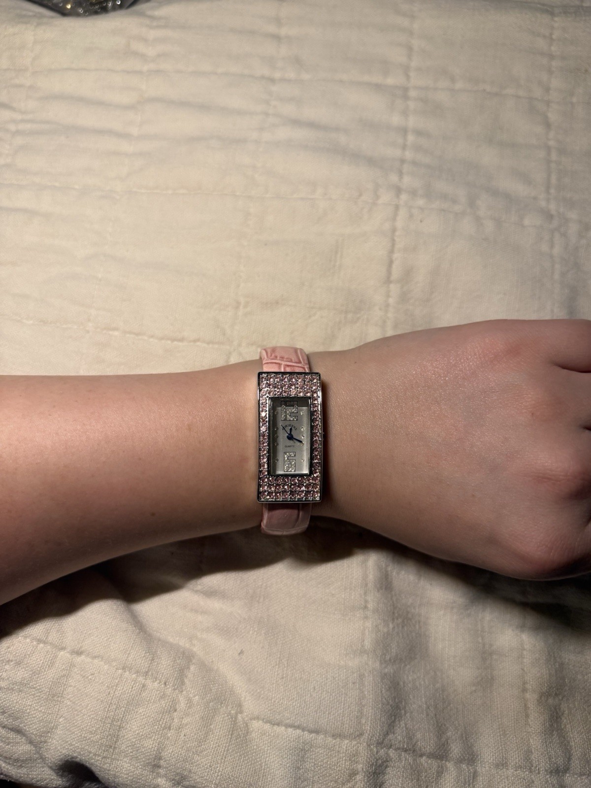 Women’s Dress Silver-Tone Rectangle Analog Watch White Dial Arabic 12Hr Pink