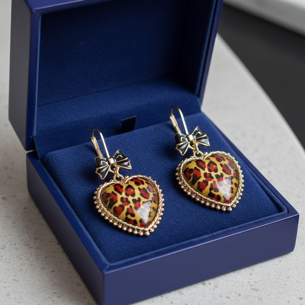 Betsey Johnson Leopard Heart Drop Earrings – Gold-Tone with Bow Accen