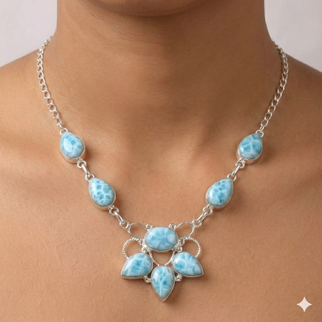 Natural Larimar Gemstone Handmade Necklace 925 Sterling Silver Women Jewelry 18″