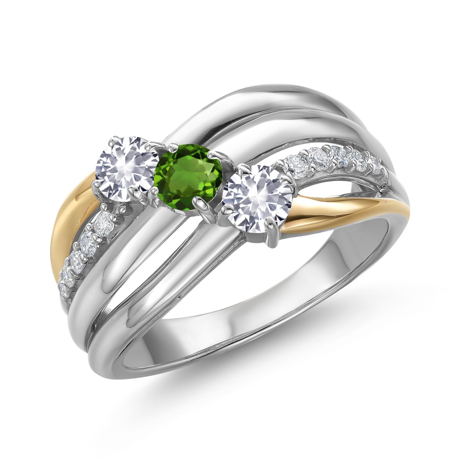 925 Silver and 10K Yellow Gold White Created Sapphire and Green Tourmaline and