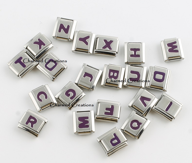 9mm Italian Charm Purple Letter Initial Monogram Alphabet Name ID Stainless