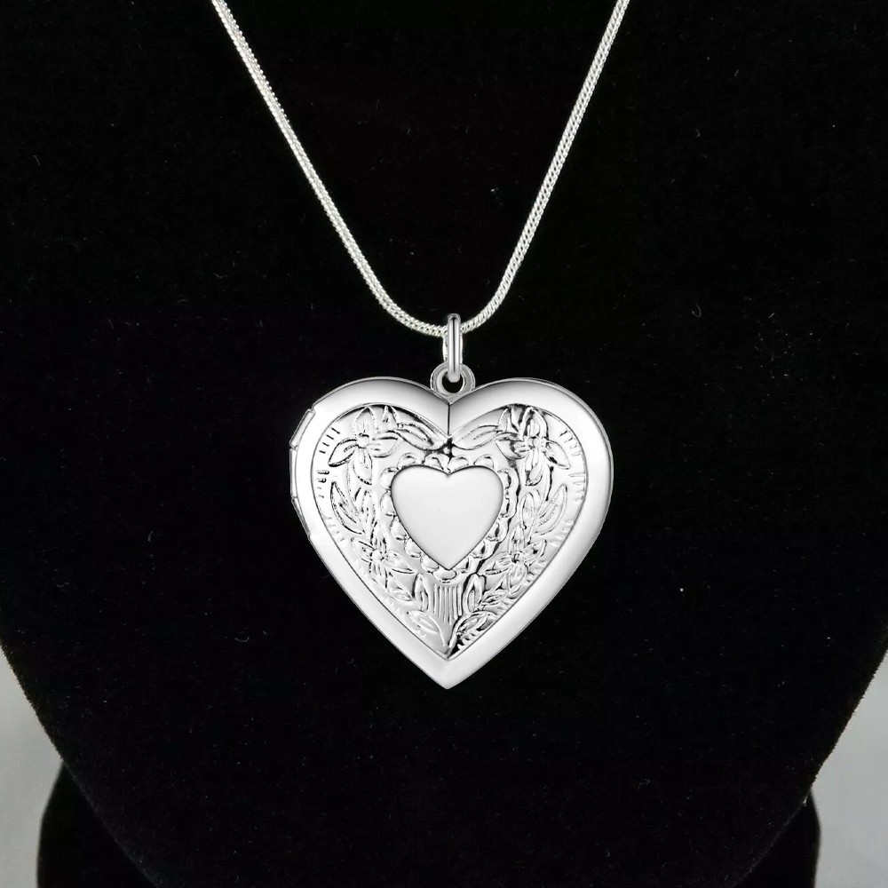 925 Sterling Silver Plated Heart Necklace, Locket Photo Picture Pendant 18″ N1