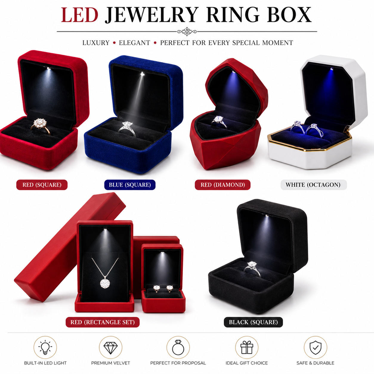 LED Ring Box Luxury Velvet Proposal Engagement Wedding Jewelry Gift Case Light