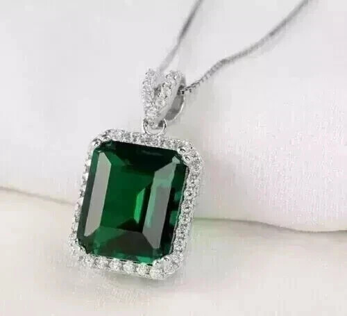 Natural Green Emerald 4.00Ct Emerald Cut Women’s Halo Pendant White Gold Plated