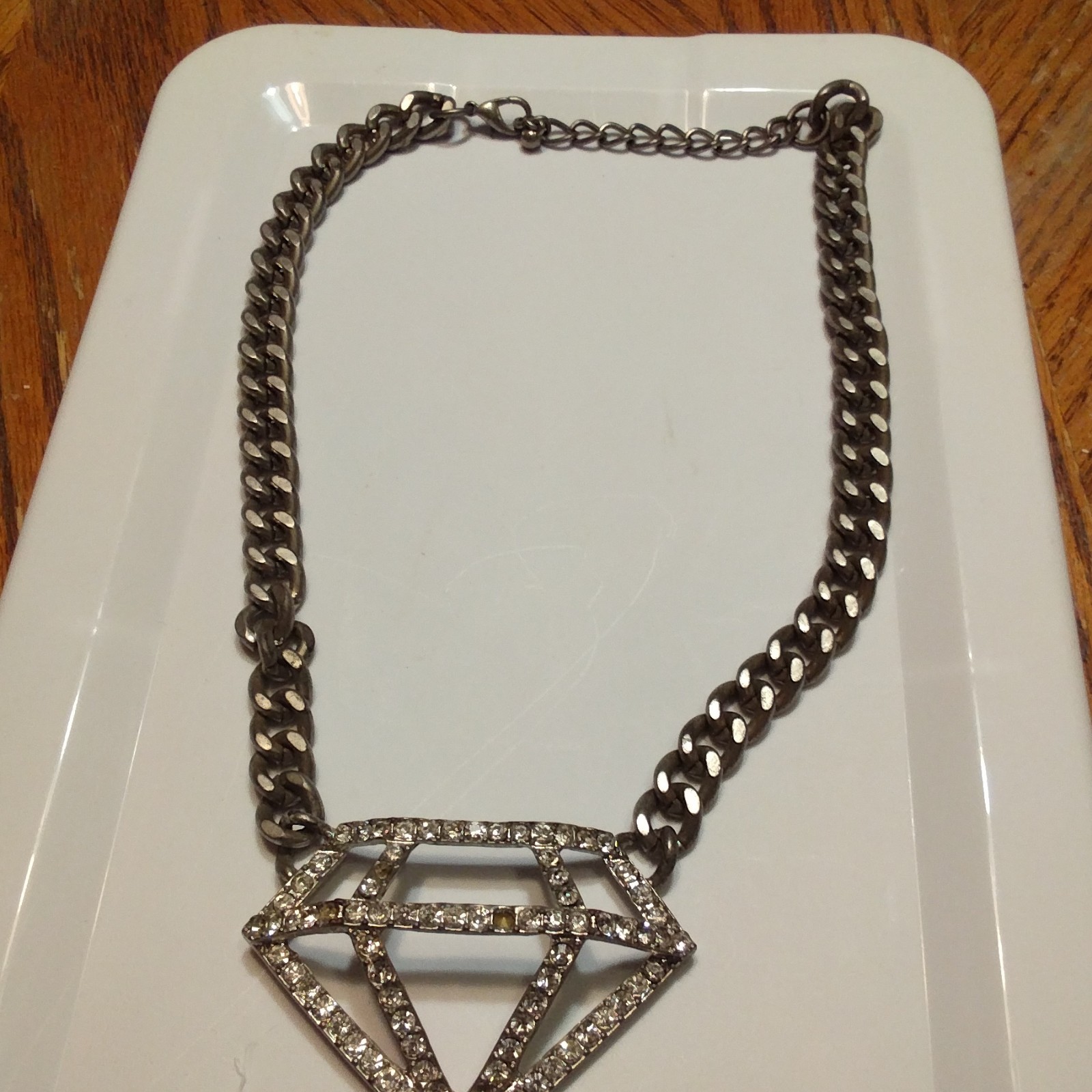 Gunmetal/Silver Tone Curb Link Chain Necklace Diamond Pavé Rhinestone Charm