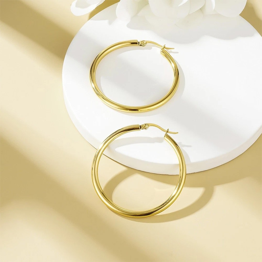 30mm 14K Real Solid Yellow Gold Shiny Polished Round Creole Hoop Earrings Gift