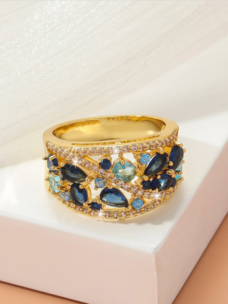 Women’s Blue & Aqua CZ Wide Band Statement Cocktail Ring Alloy Fashion Jewelry