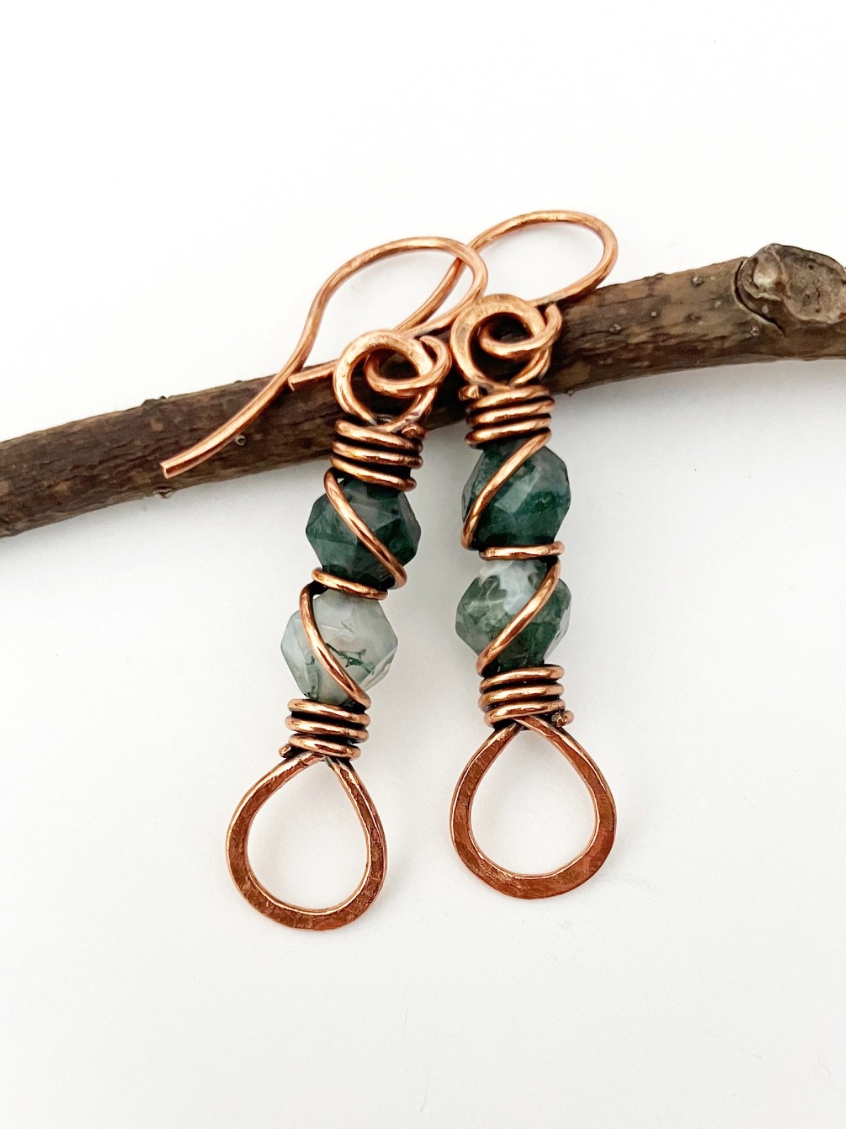 Wire Wrapped Moss Agate Dangle Drop Earrings Copper Crystal Bohemian Jewelry