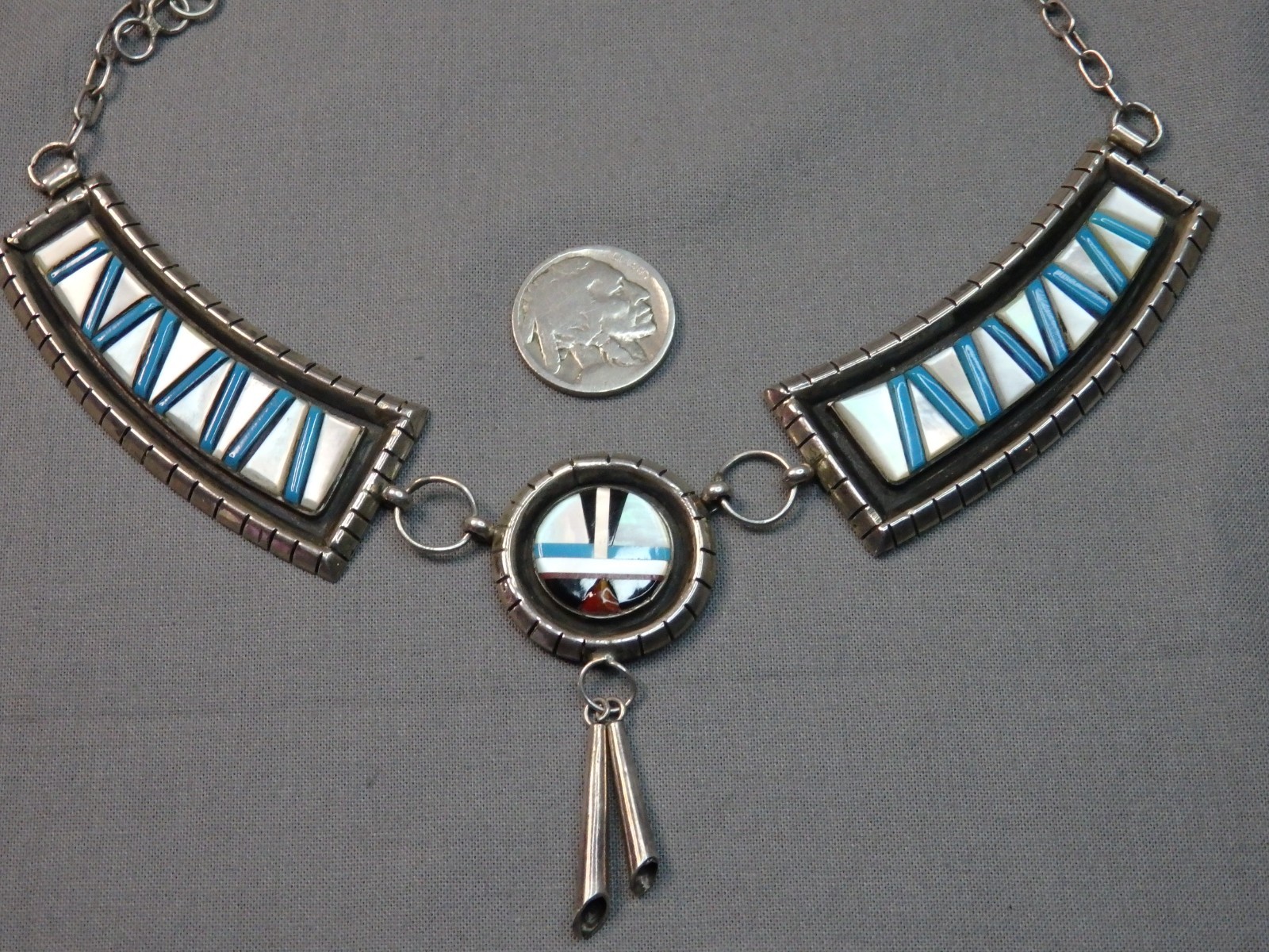 ZUNI Sleeping Beauty TURQUOISE ++ Sterling Silver SUNFACE 21″ Necklace