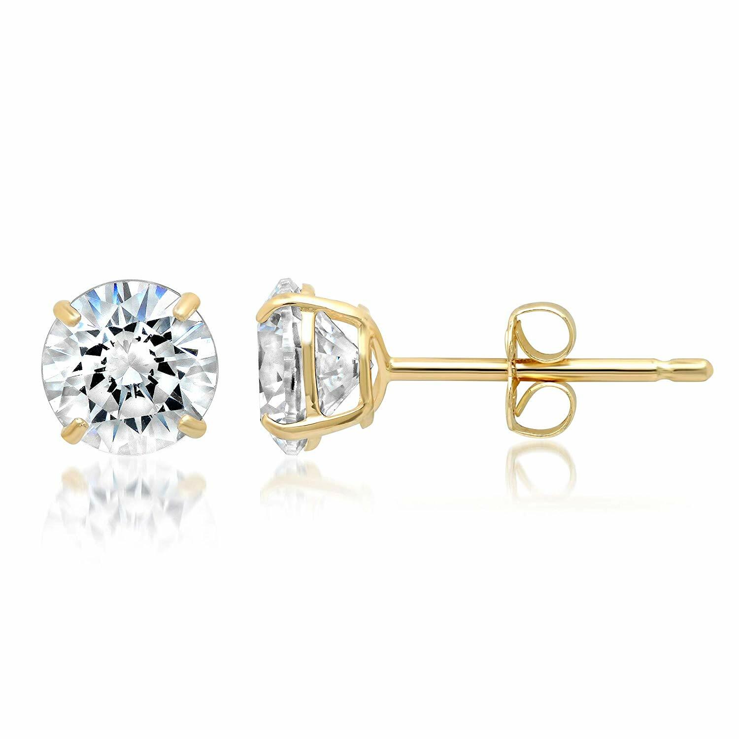 14k Solid Yellow Gold Cubic Zirconia Stud Earrings- Sold as a Pair 20ga
