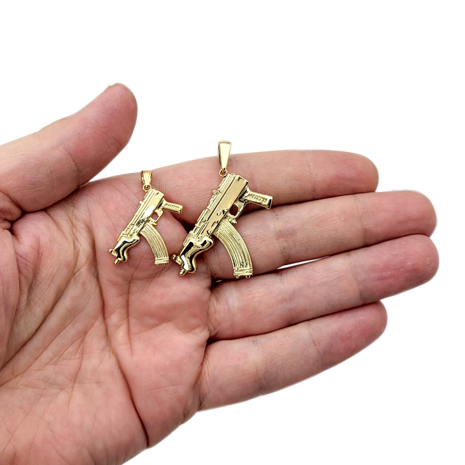 Solid 10K Yellow Gold Mini Draco Pistol, Real Gold Gun Pendant AK-47
