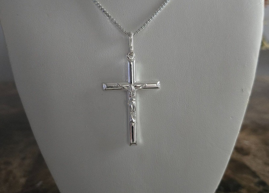 Rhodium Plated Sterling Silver Crucifix Pendant – Large 42 MM