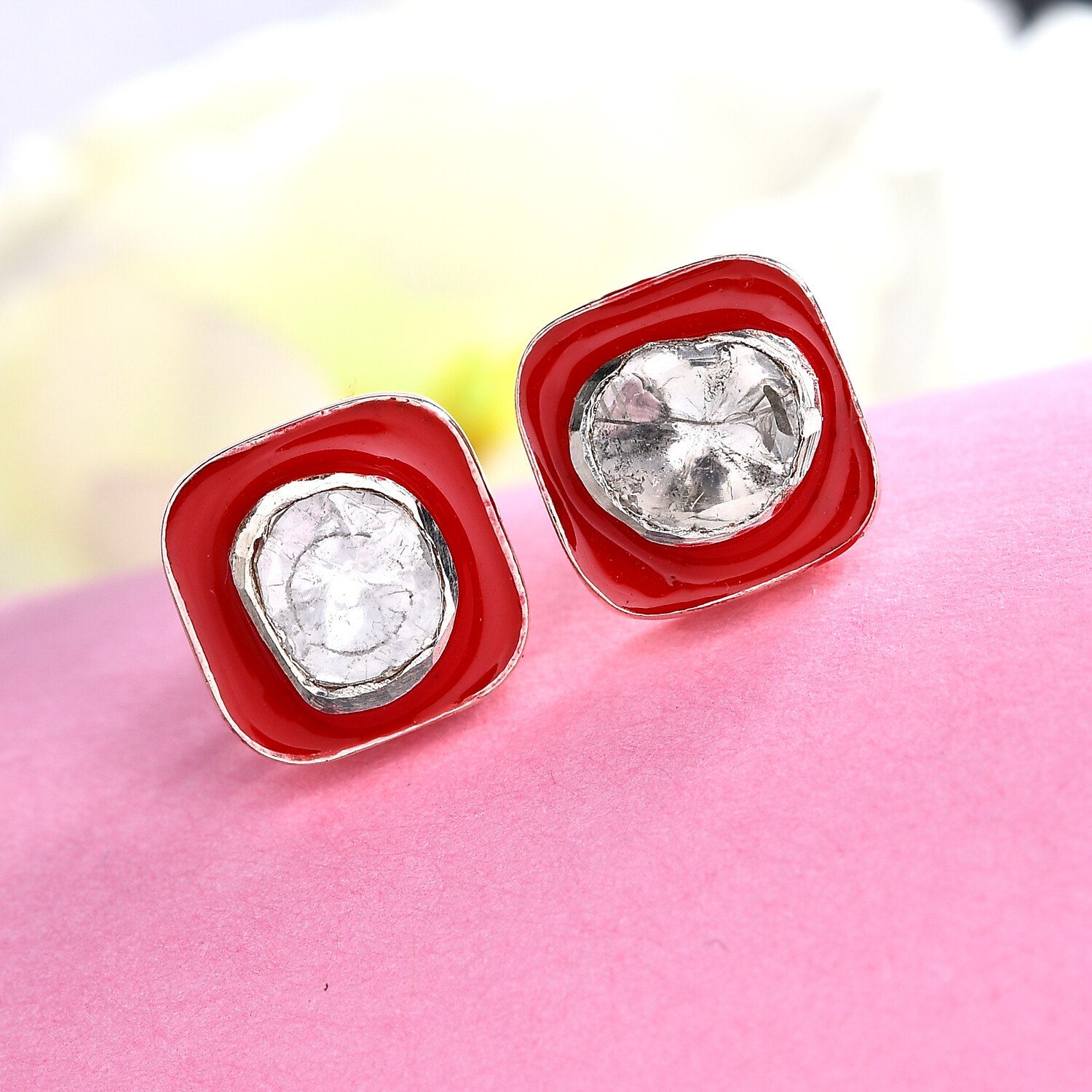Polki Diamond and Enameled Stud Earrings in 14K Rose Gold/Sterling Silver