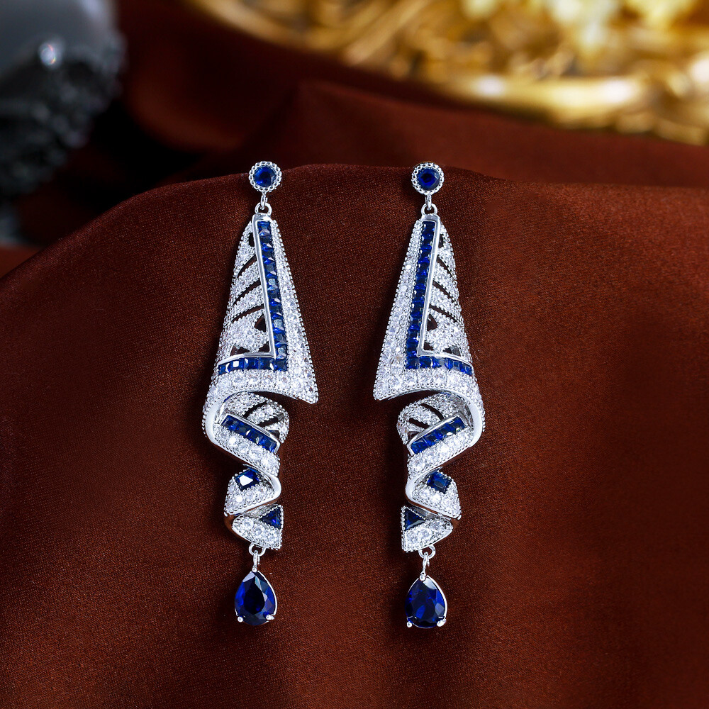 Silver Plated Cubic Zirconia Blue Long Symmetrical Dangle Drop Earrings for Lady