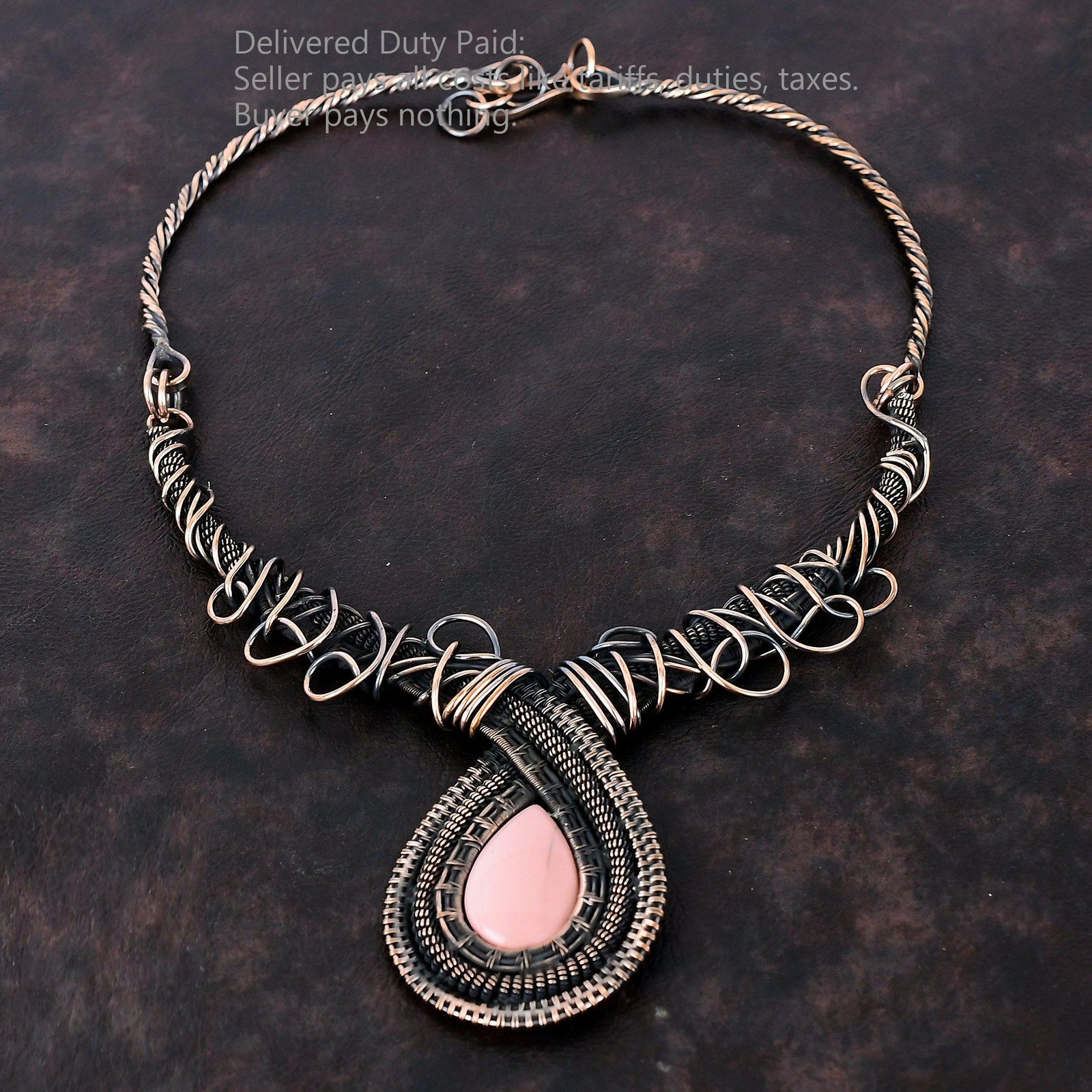 Natural Pink Opal Copper Wire Wrapped Chain Anniversary Artisan Necklace Jewelry