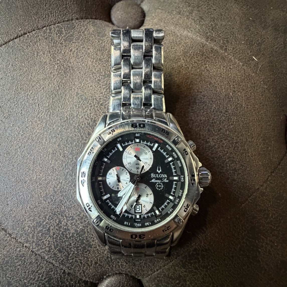 Bulova Marine Star Chronograph Quartz Watch — Black Dial, 100m, Steel, 44-47mm