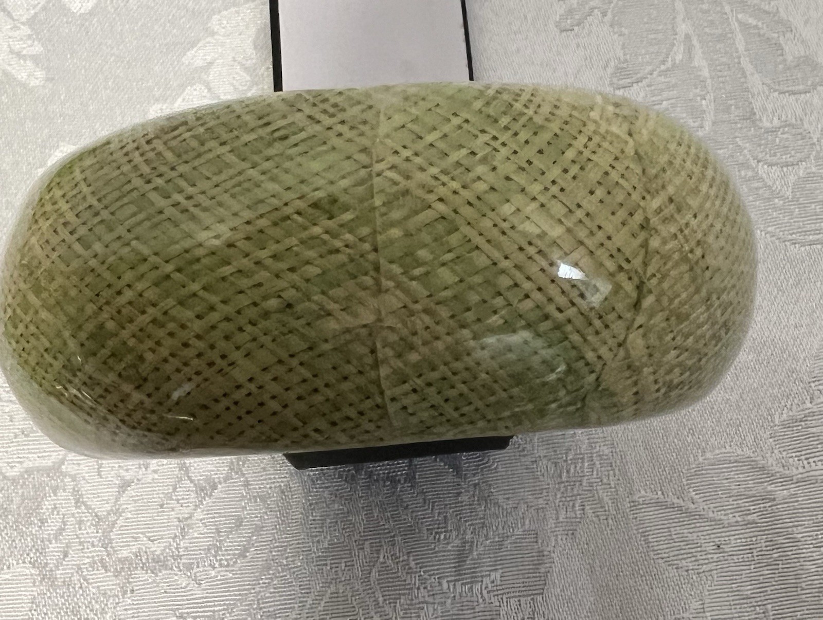Vintage Chunky Bangle Bracelet Green Burlap Fabric Encased in Acrylic Lucite