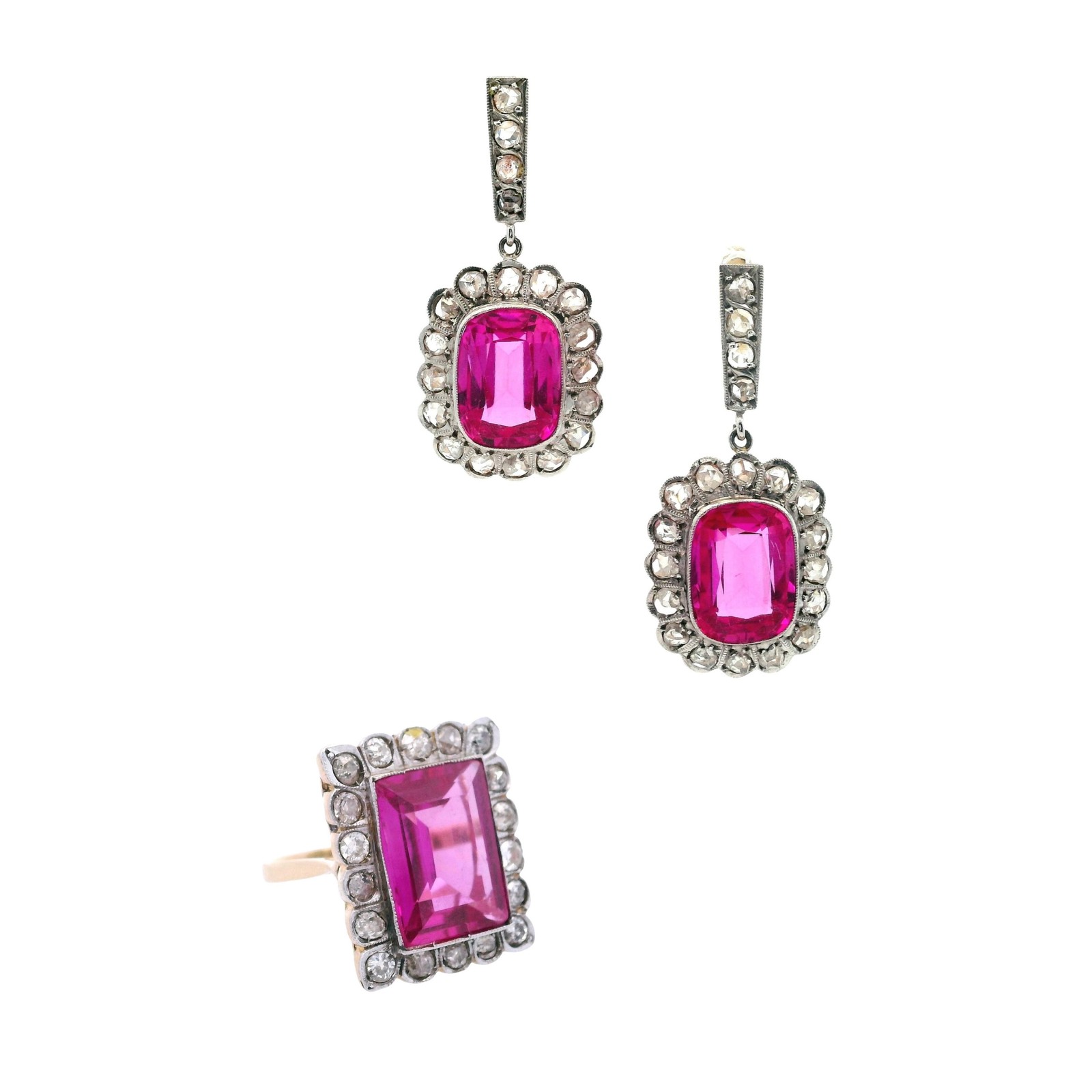 Antique 18kt Gold & Platinum Set with Diamonds & Synthetic Rubies